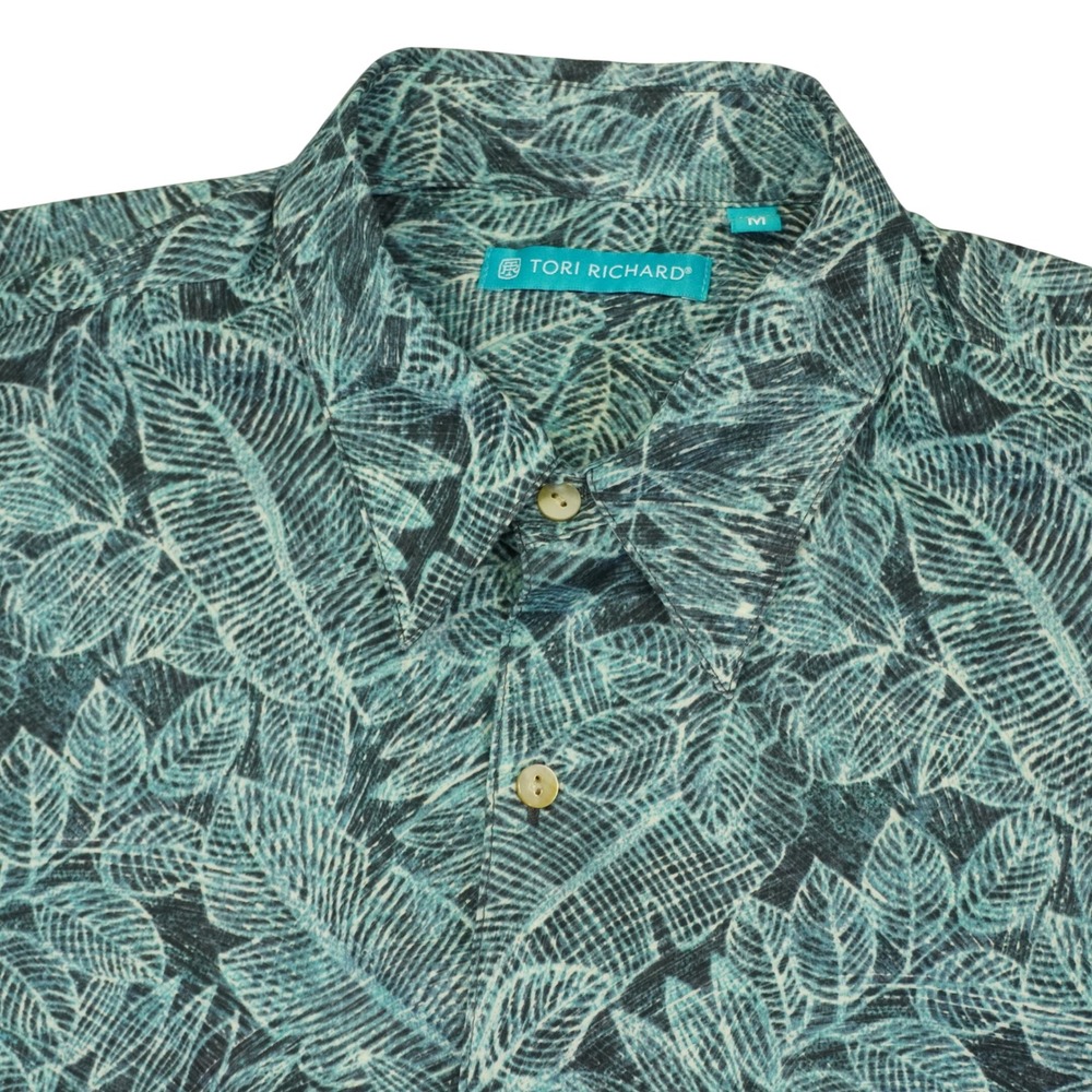 Tori Richard Hawaiian Button Shirt Men M Teal Botanical Leaf Print Cotton Lawn